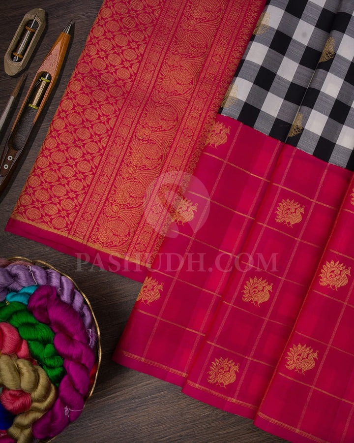 Black And White With Rani Pink Pure Kanjivaram Silk Saree-SP113