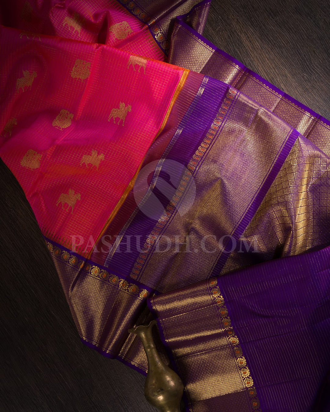 Punch Pink With Royal Purple Pure Kanjivaram Silk Saree-SP92