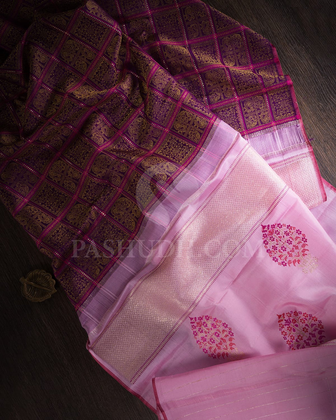Eggplant Purple With Baby Pink Traditional Borderless  Kanjivaram Silk Saree-S1454(A)