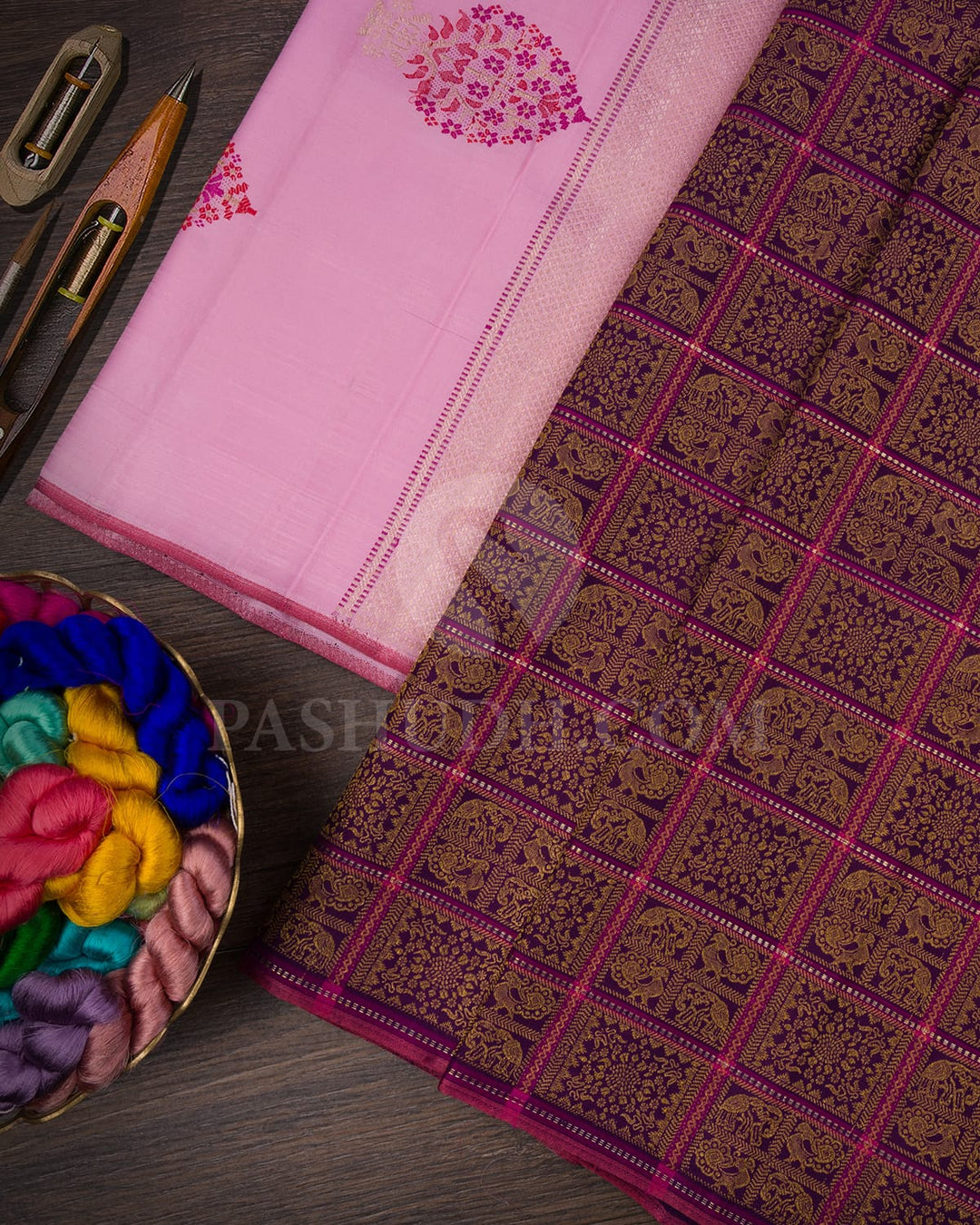 Eggplant Purple With Baby Pink Traditional Borderless  Kanjivaram Silk Saree-S1454(A)