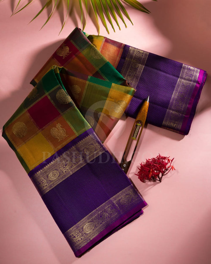 Multihue Checks With Royal Purple Pure Kanjivaram Silk Saree-SP87