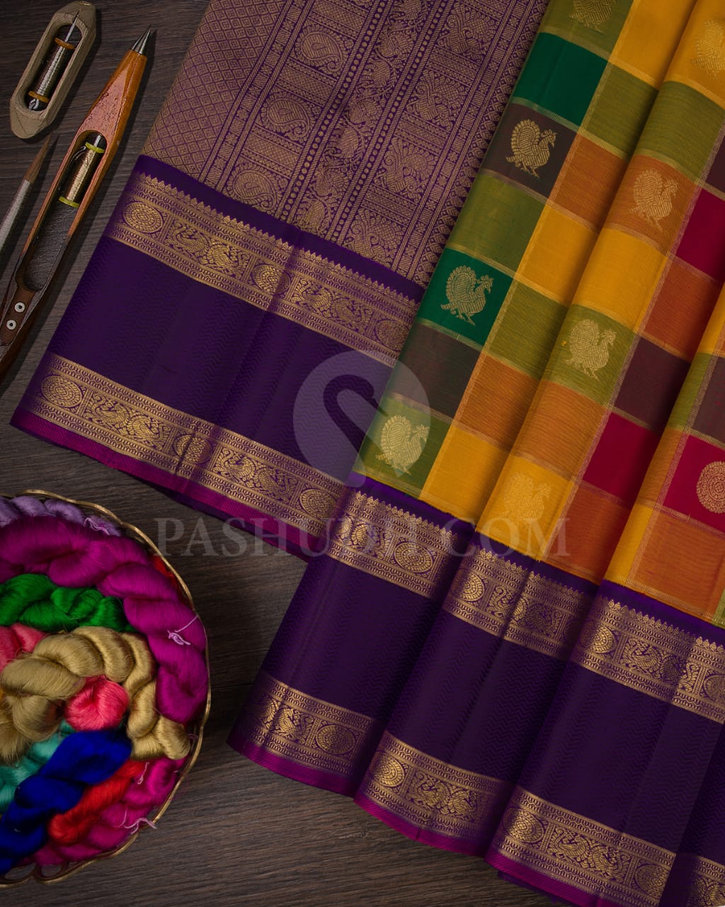 Multihue Checks With Royal Purple Pure Kanjivaram Silk Saree-SP87
