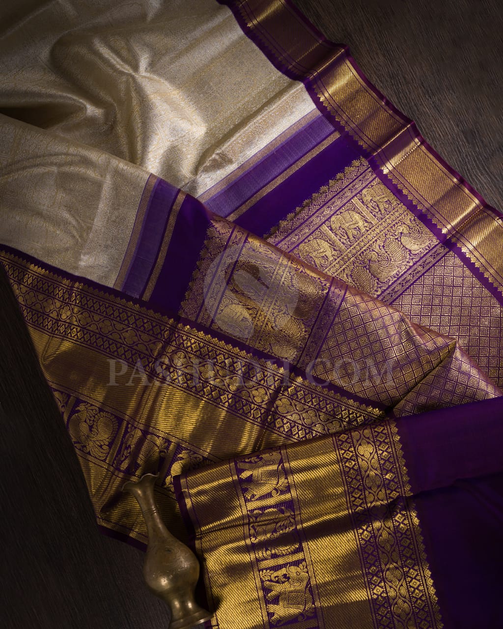 Cream And Royal Purple Tissue Bridal Kanjivaram Silk Saree-SP90