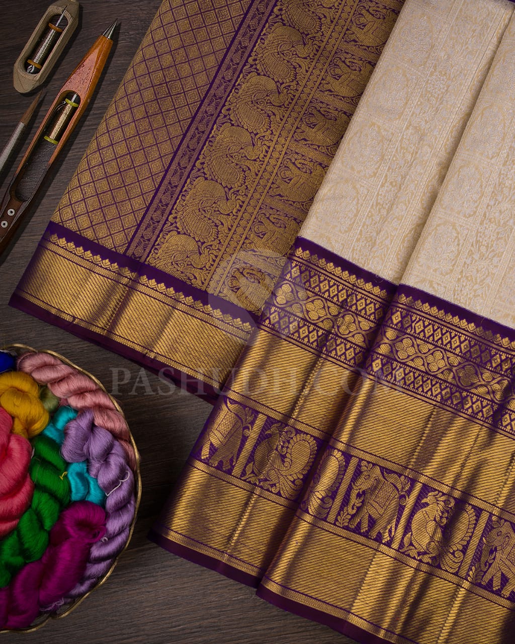 Cream And Royal Purple Tissue Bridal Kanjivaram Silk Saree-SP90