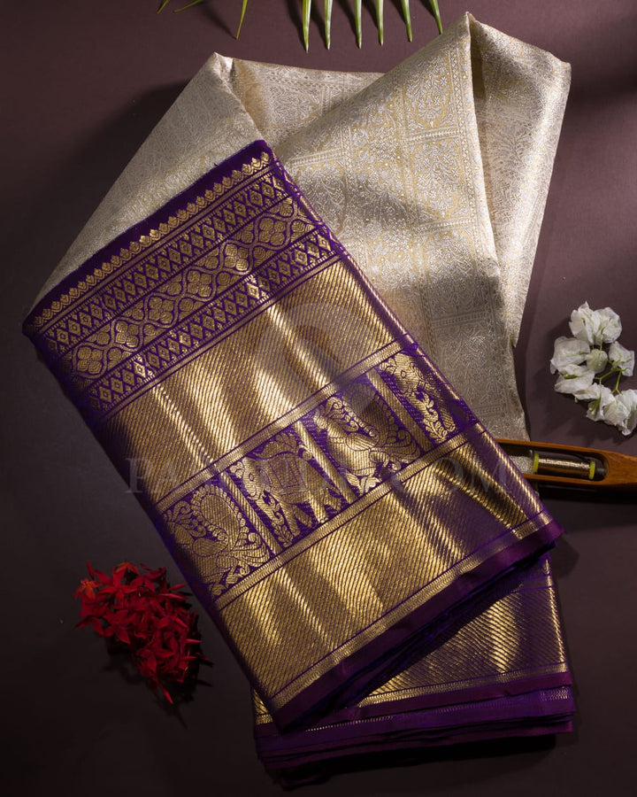 Cream And Royal Purple Tissue Bridal Kanjivaram Silk Saree-SP90