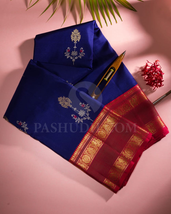 Navy Blue And Red Kanjivaram Silk Saree-S1467(A)