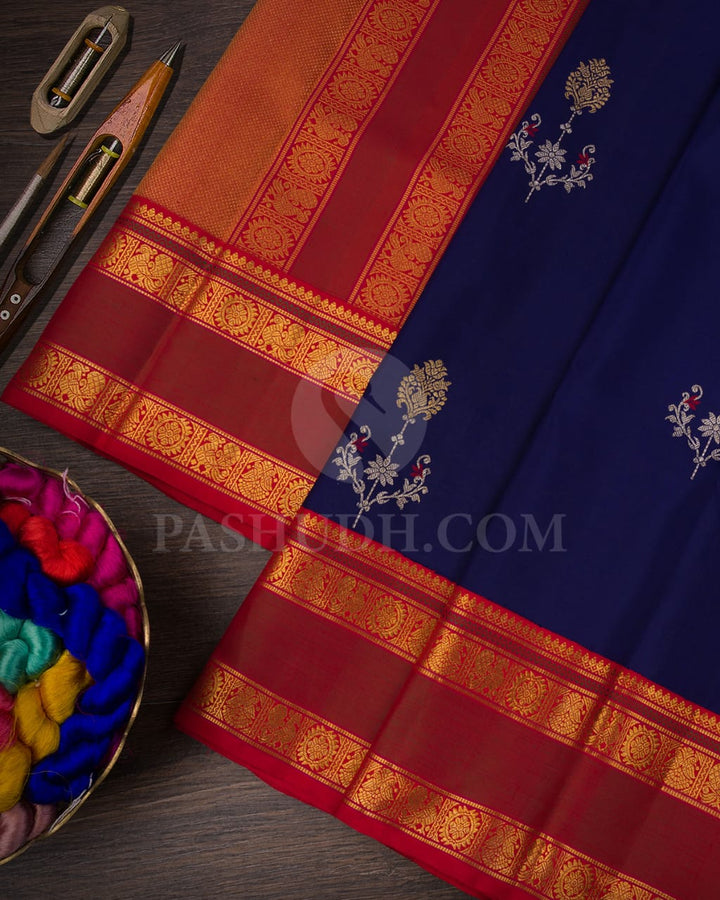 Navy Blue And Red Kanjivaram Silk Saree-S1467(A)