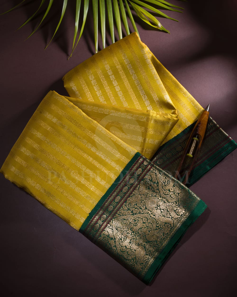 Mustard Yellow And Bottle Green Kanjivaram Silk Saree-S1179(C)