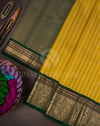 Mustard Yellow And Bottle Green Kanjivaram Silk Saree-S1179(C)