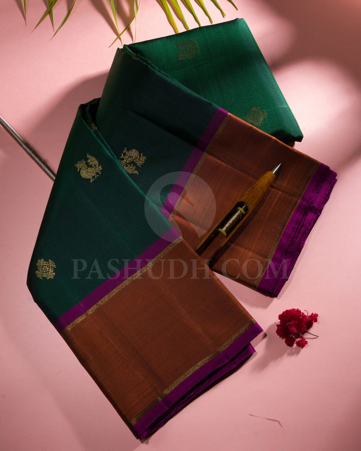 Bottle Green And Rust Orange Pure Kanjivaram Silk Saree-SP112