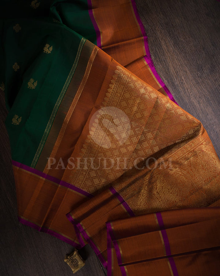 Bottle Green And Rust Orange Pure Kanjivaram Silk Saree-SP112