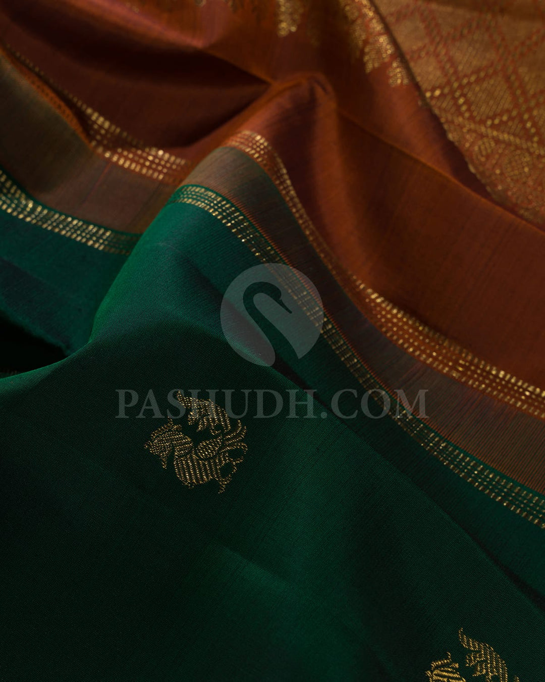 Bottle Green And Rust Orange Pure Kanjivaram Silk Saree-SP112