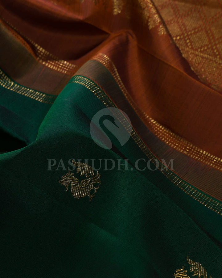 Bottle Green And Rust Orange Pure Kanjivaram Silk Saree-SP112