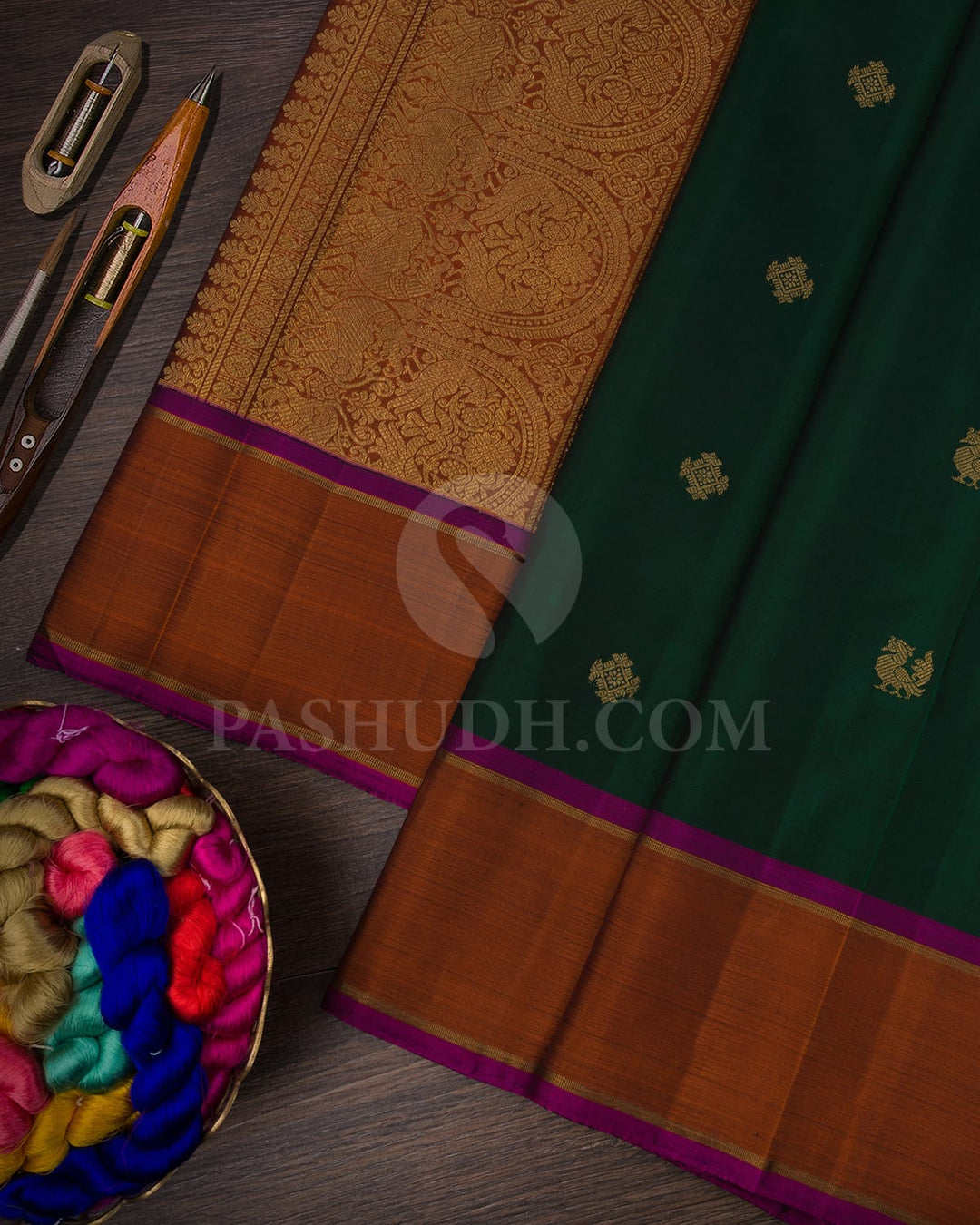 Bottle Green And Rust Orange Pure Kanjivaram Silk Saree-SP112