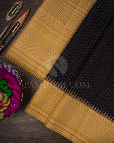 Black,Cream And Mustard Kanjivaram Silk Saree-AK20