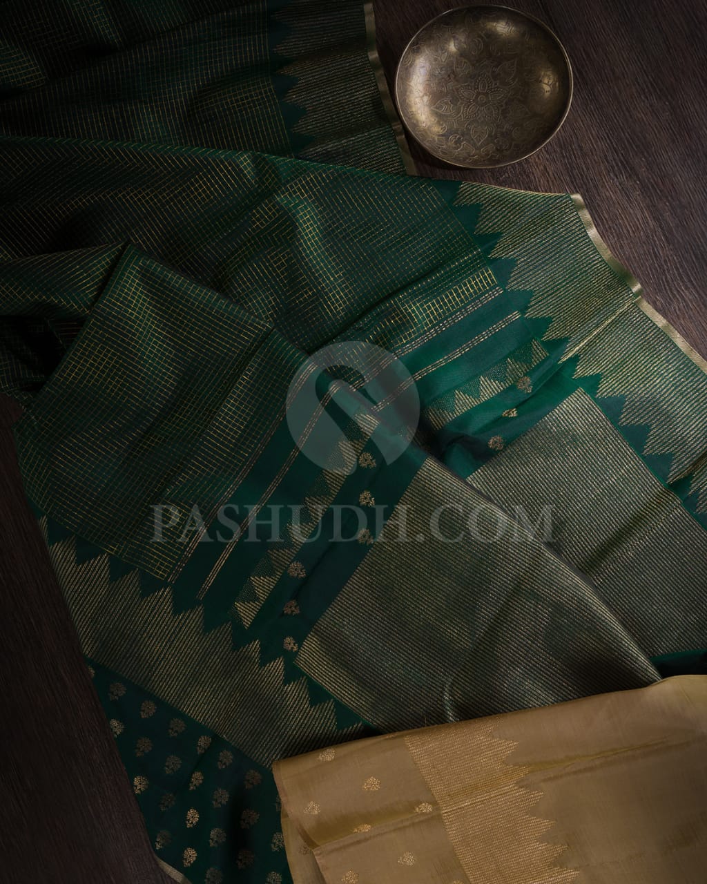 Bottle Green With Ivory Kanjivaram Silk Saree-S1034(D)