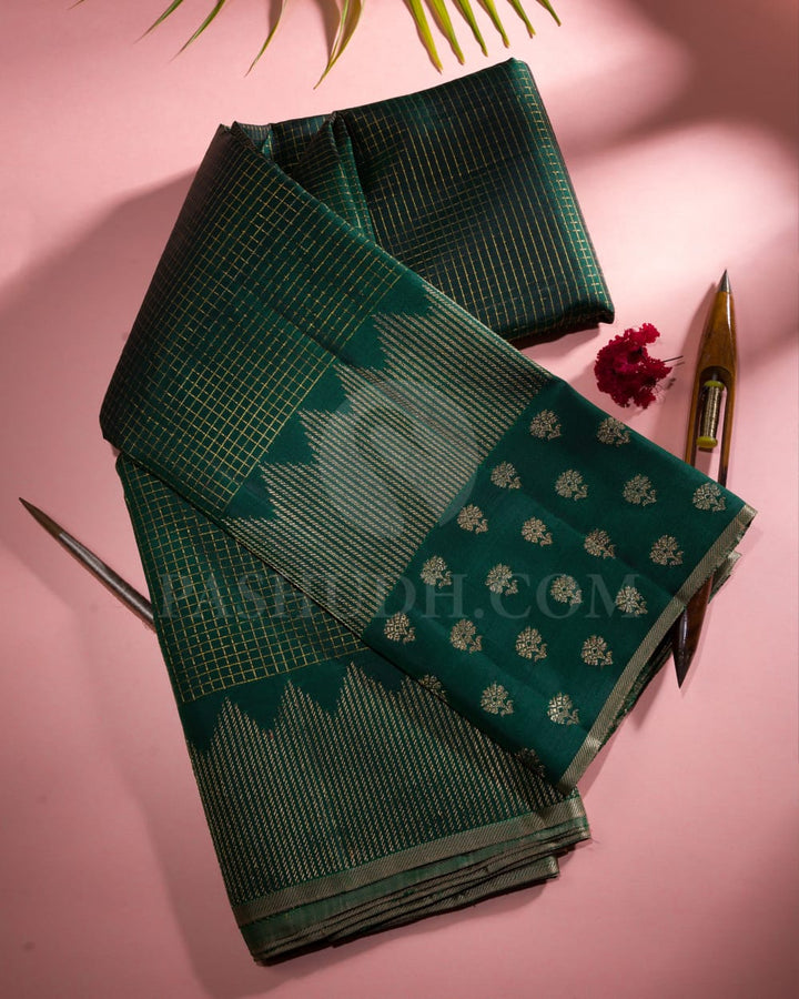Bottle Green With Ivory Kanjivaram Silk Saree-S1034(D)