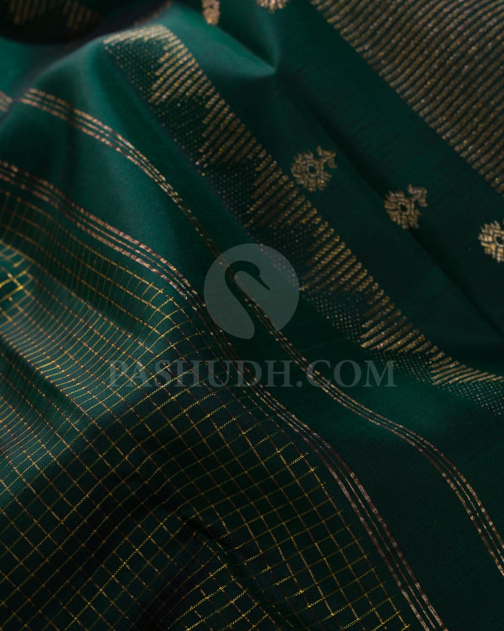 Bottle Green With Ivory Kanjivaram Silk Saree-S1034(D)