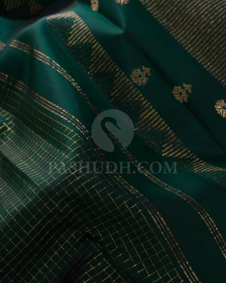 Bottle Green With Ivory Kanjivaram Silk Saree-S1034(D)