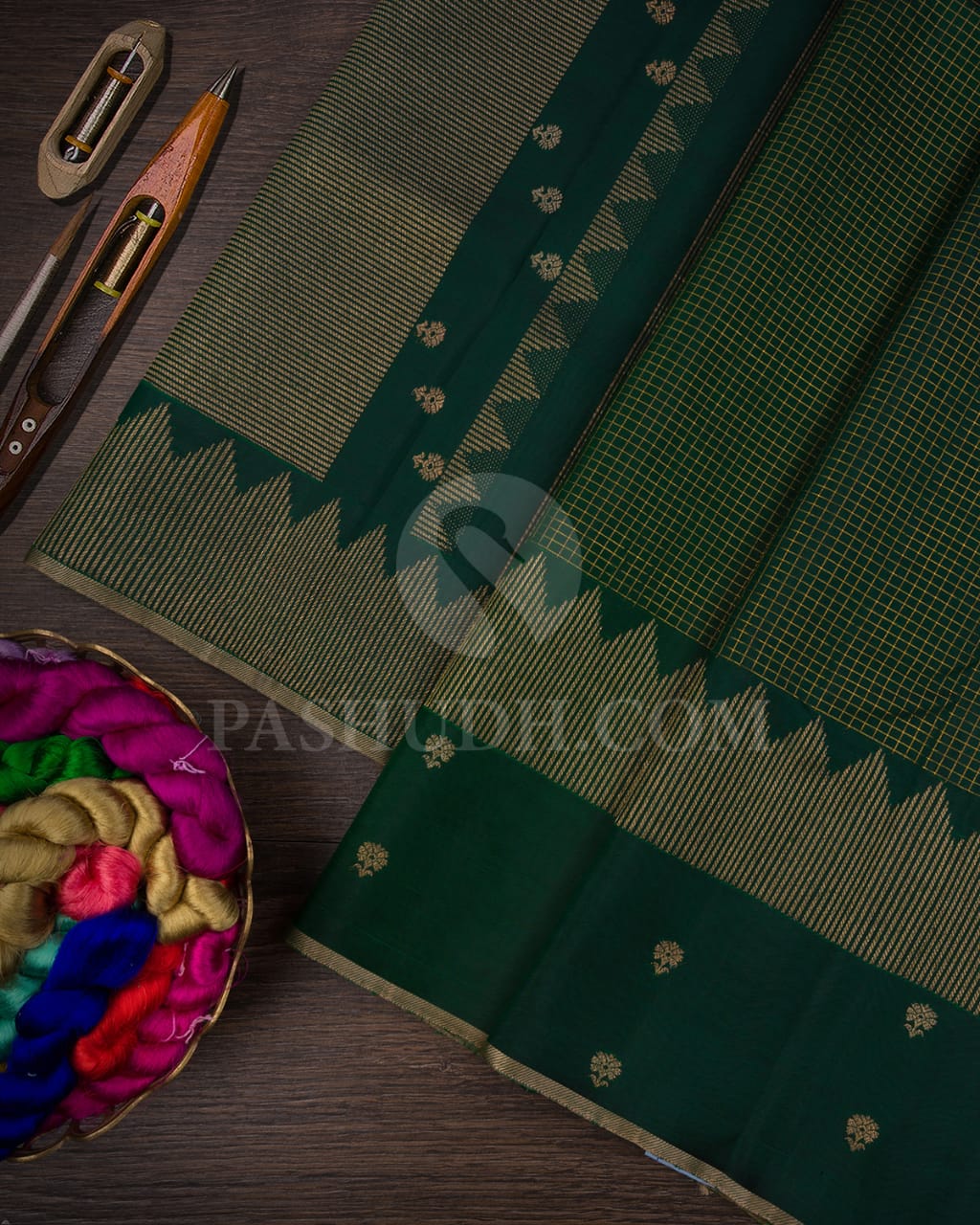 Bottle Green With Ivory Kanjivaram Silk Saree-S1034(D)