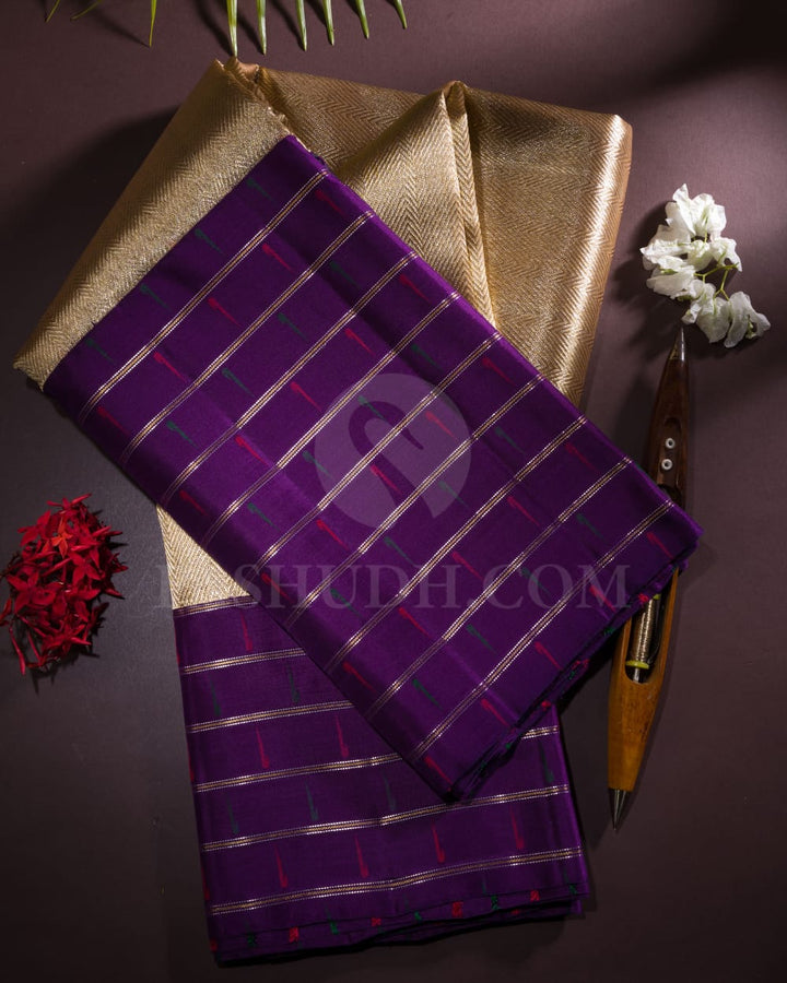 Gold And Violet Shimmer Organza Kanjivaram Silk Saree With Paithani Border-S1354(B)