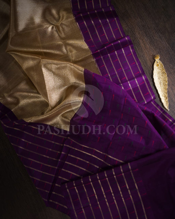 Gold And Violet Shimmer Organza Kanjivaram Silk Saree With Paithani Border-S1354(B)