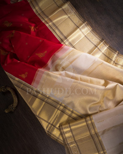 Red and Ivory Kanjivaram Silk Saree-S1459(A)