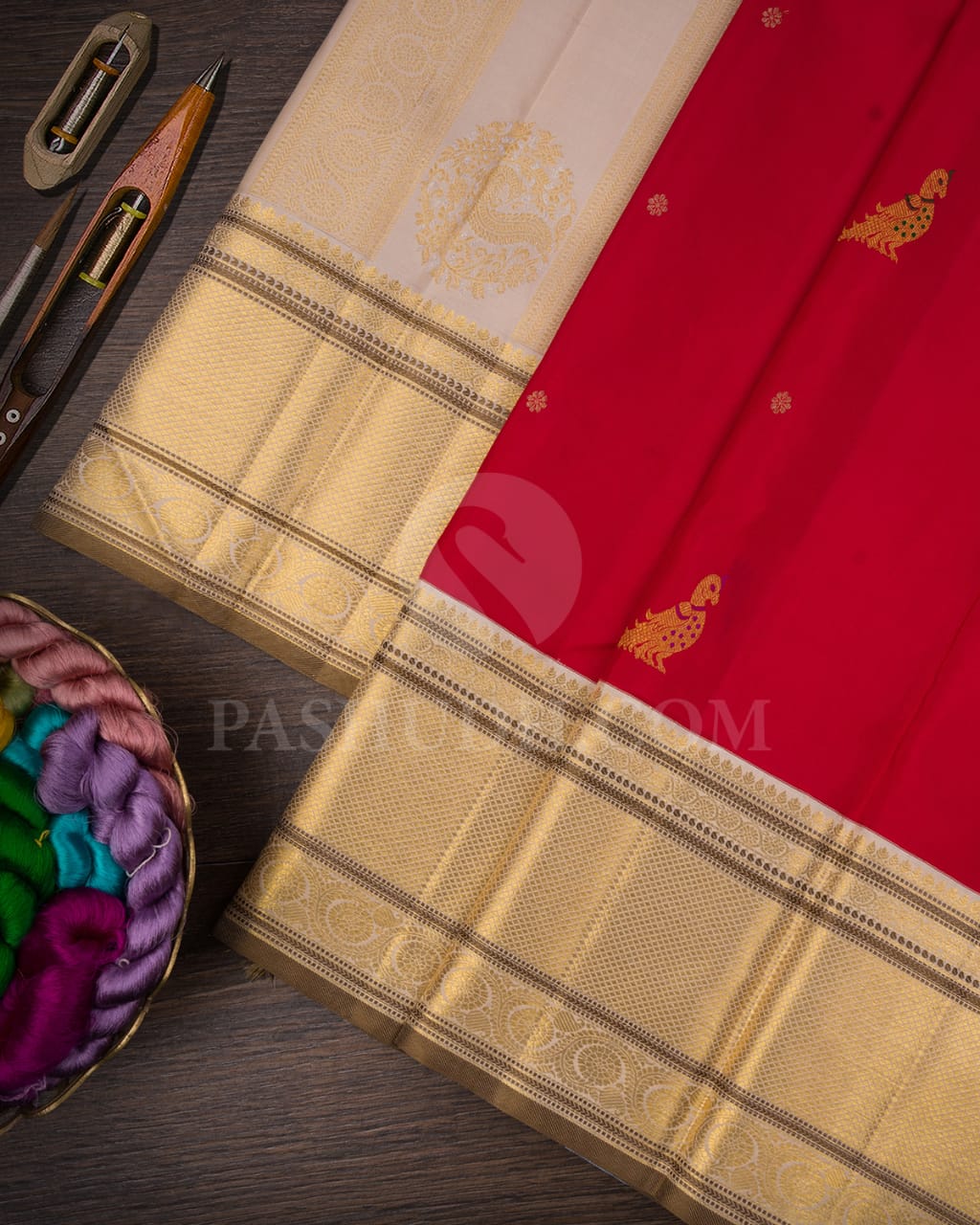 Red and Ivory Kanjivaram Silk Saree-S1459(A)