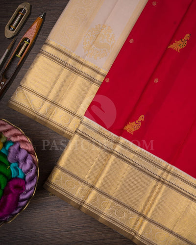 Red and Ivory Kanjivaram Silk Saree-S1459(A)