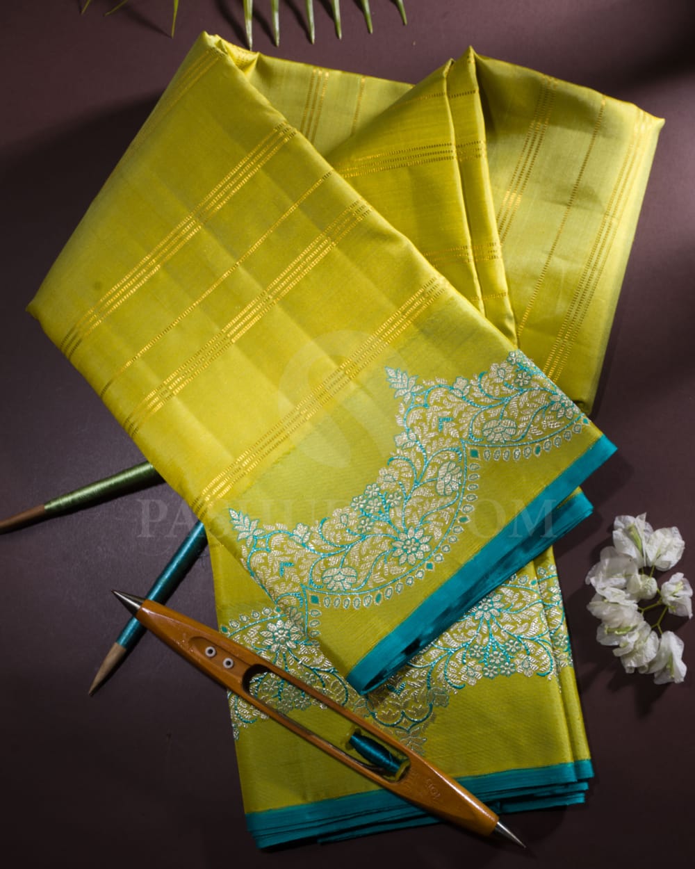 Lime Green With Turquoise Kanjivaram Silk Saree-S1401(B)