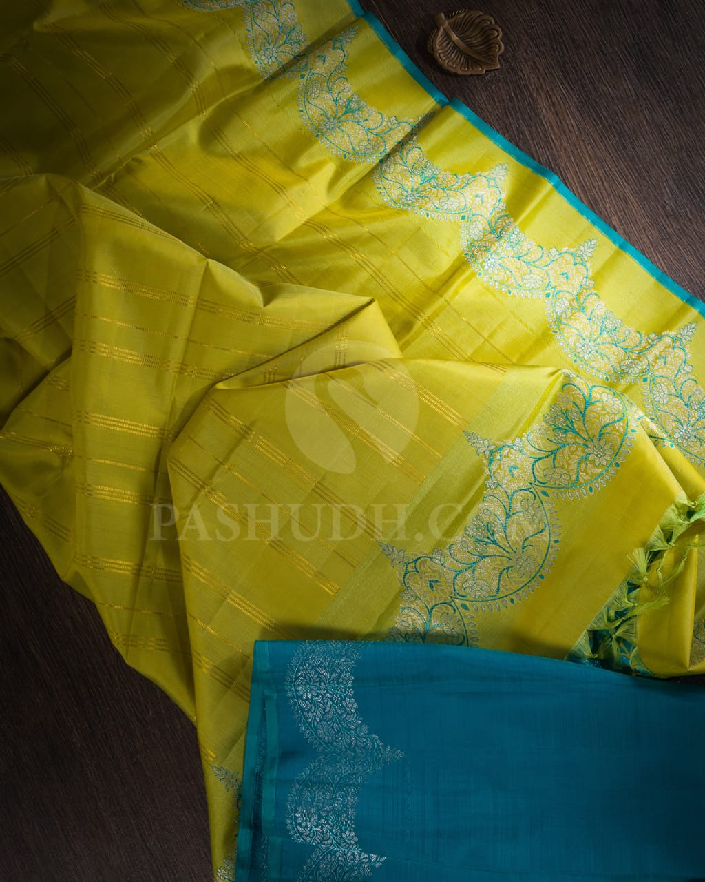 Lime Green With Turquoise Kanjivaram Silk Saree-S1401(B)