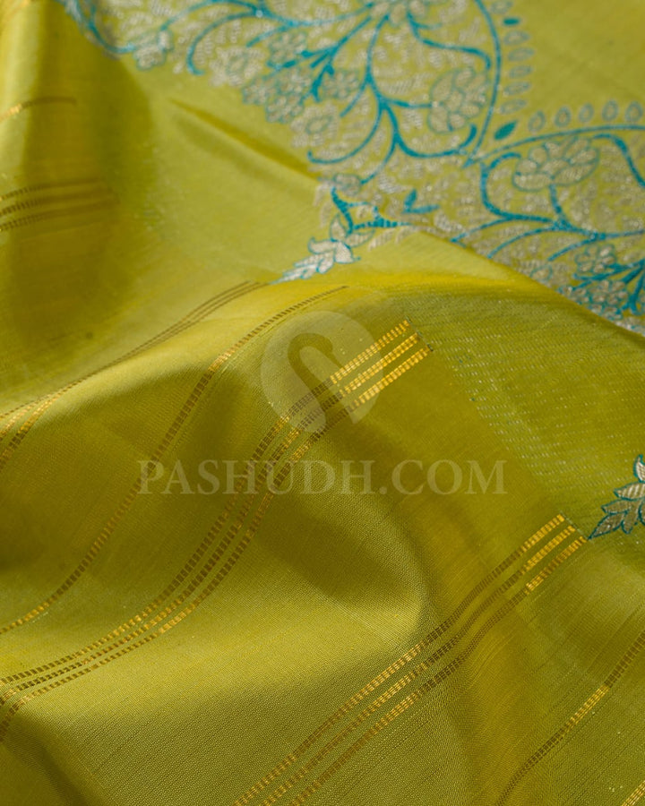 Lime Green With Turquoise Kanjivaram Silk Saree-S1401(B)