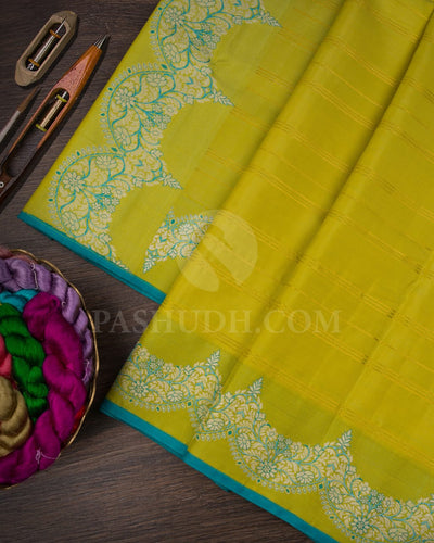 Lime Green With Turquoise Kanjivaram Silk Saree-S1401(B)