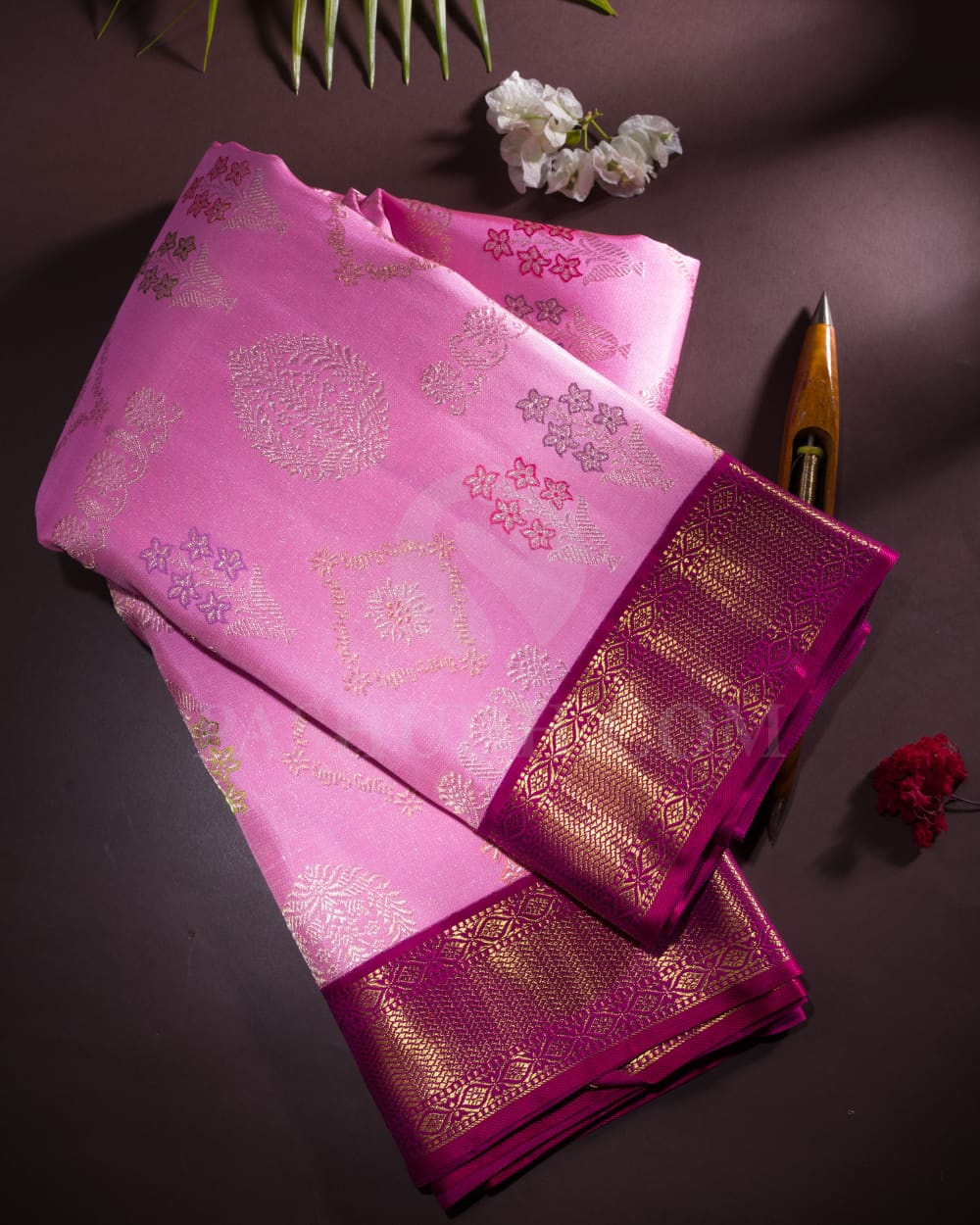 Baby Pink And Magenta Pure Kanjivaram Silk Saree-P183(A)