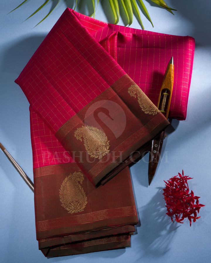 Rani Pink With Dual Shaded Red And Bottle Green Pure Kanjivaram Silk Saree -SP111