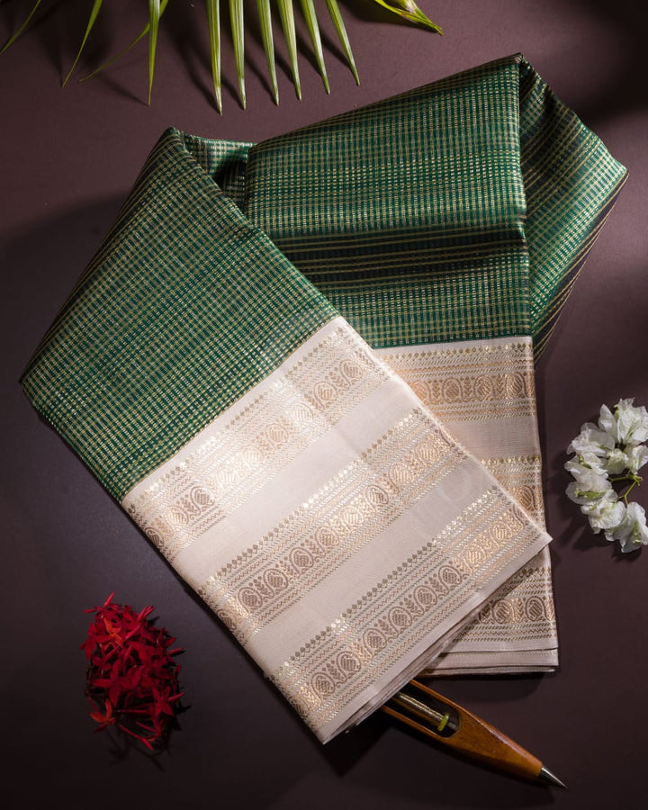 Bottle Green With Ivory Kanjivaram Silk Saree-S1343(D)