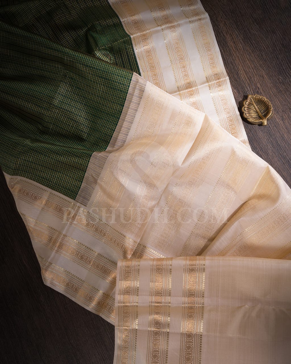 Bottle Green With Ivory Kanjivaram Silk Saree-S1343(D)
