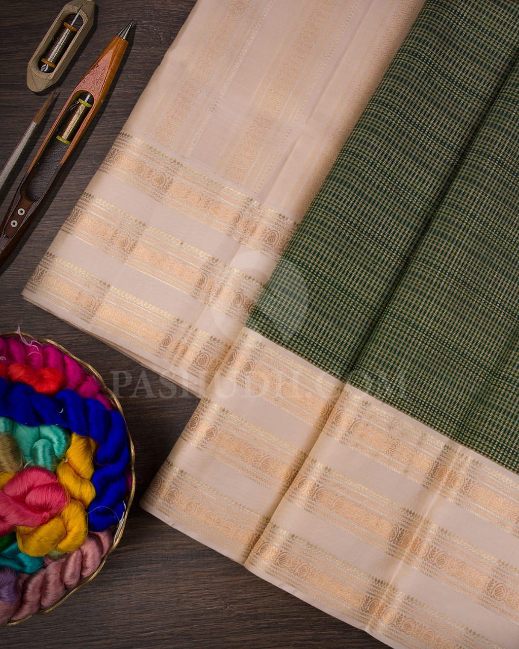 Bottle Green With Ivory Kanjivaram Silk Saree-S1343(D)