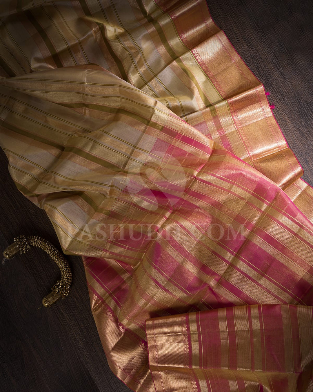 Beige And Rani Pink Kanjivaram Silk Saree-S1455(A)