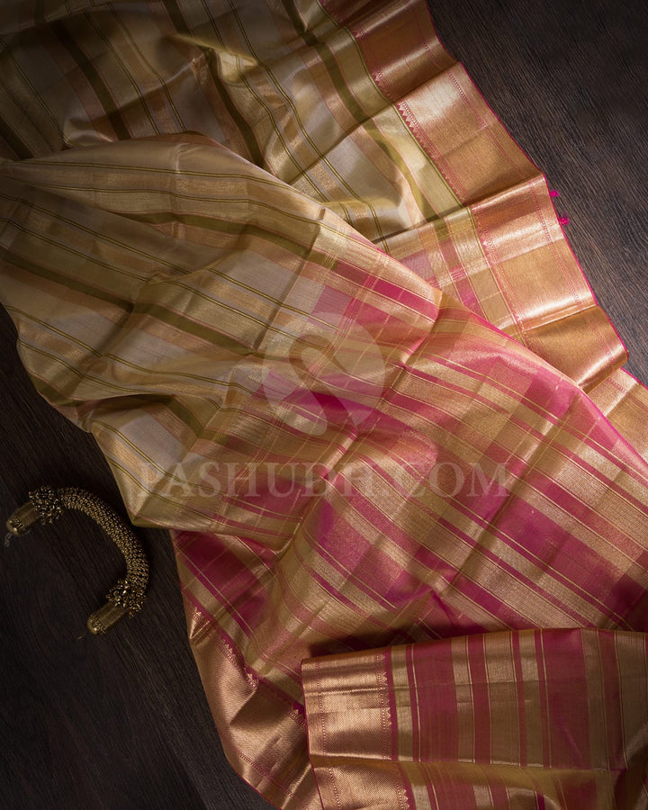 Beige And Rani Pink Kanjivaram Silk Saree-S1455(A)