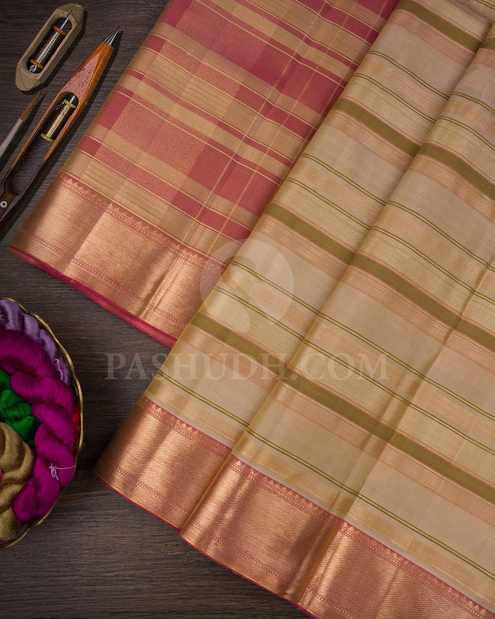 Beige And Rani Pink Kanjivaram Silk Saree-S1455(A)