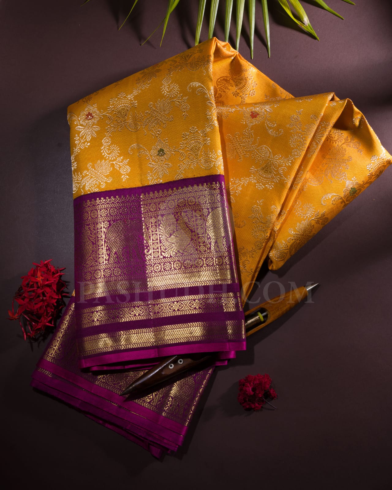 Golden Yellow And Regal Purple Pure Kanjivaram Silk Saree-P185(A)
