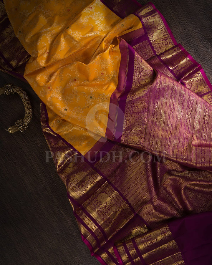 Golden Yellow And Regal Purple Pure Kanjivaram Silk Saree-P185(A)