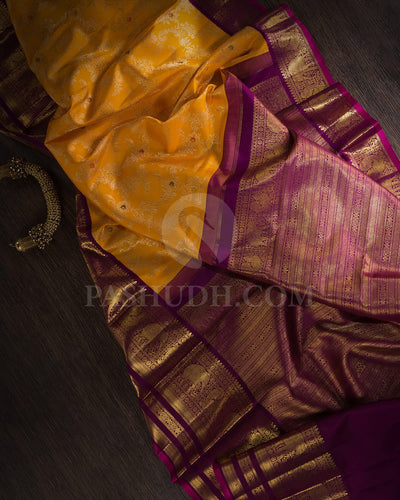 Golden Yellow And Regal Purple Pure Kanjivaram Silk Saree-P185(A)
