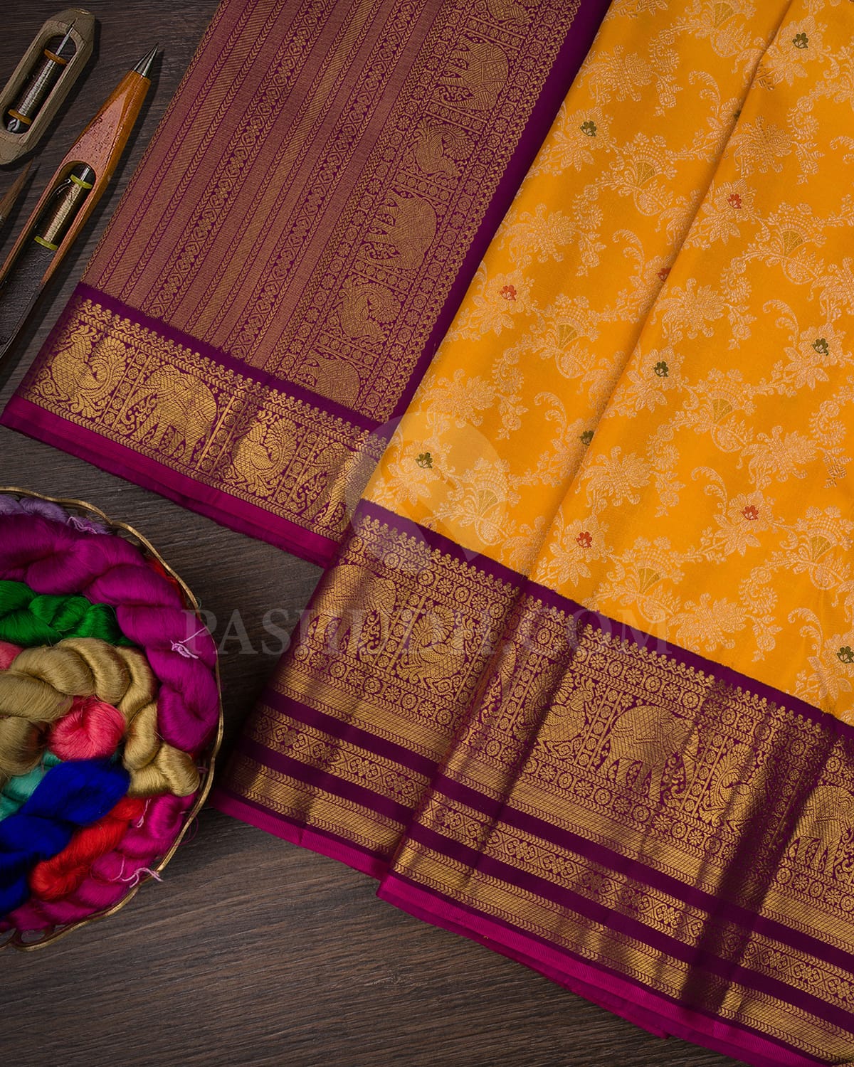 Golden Yellow And Regal Purple Pure Kanjivaram Silk Saree-P185(A)