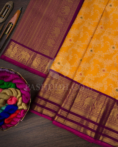 Golden Yellow And Regal Purple Pure Kanjivaram Silk Saree-P185(A)