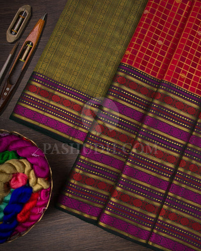 Crimson Red And Bottle Green Kanjivaram Silk Saree-S1468(A)