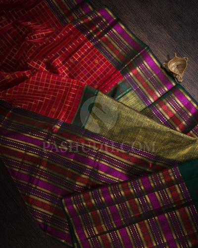 Crimson Red And Bottle Green Kanjivaram Silk Saree-S1468(A)