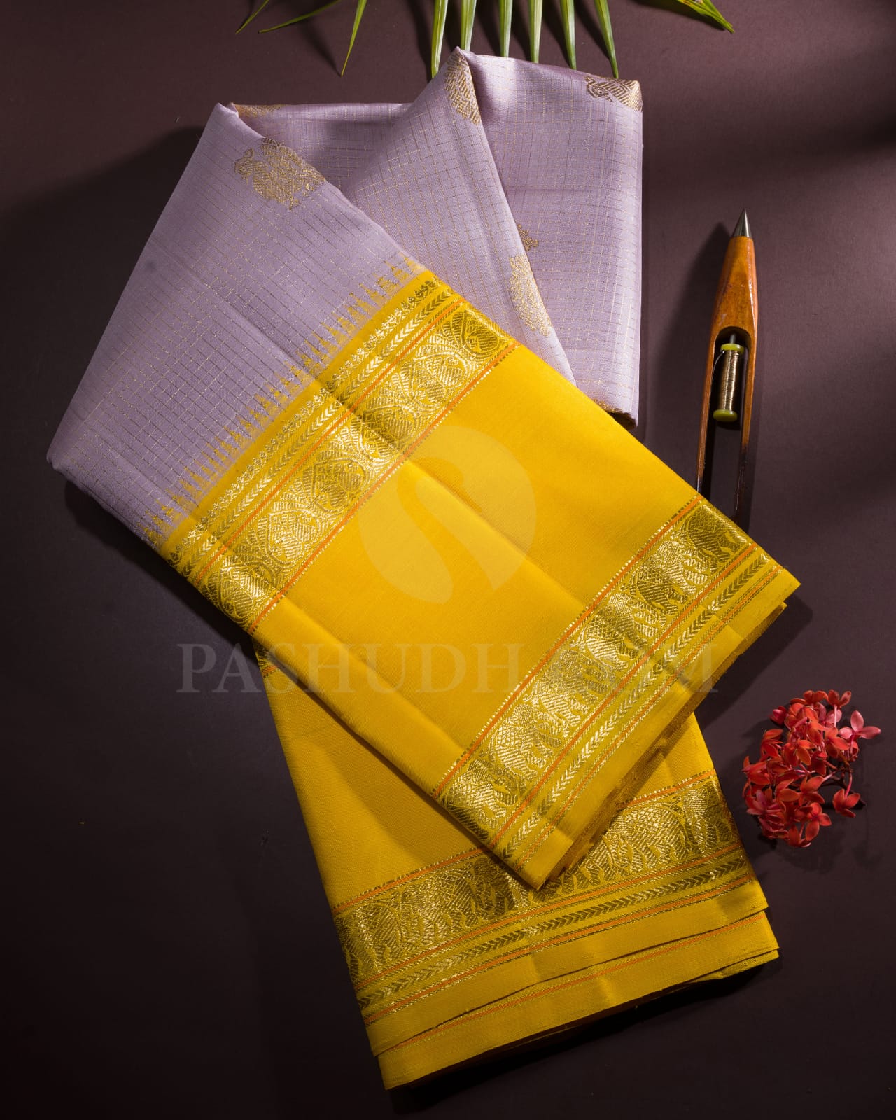 Pastel Lavender And Mango Yellow Pure Kanjivaram Silk Saree-SP94