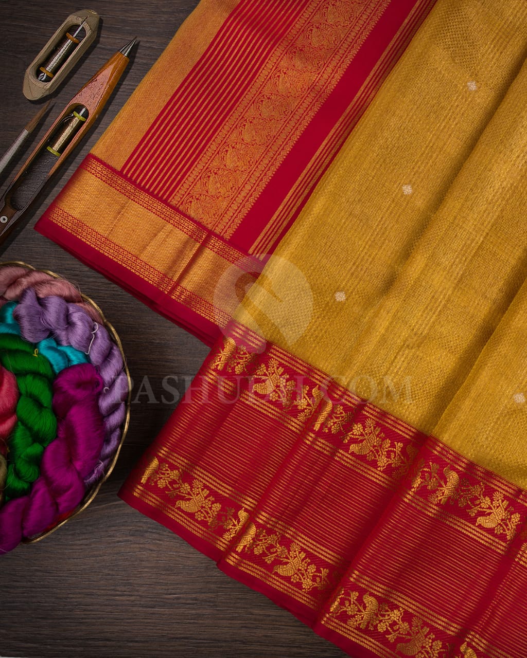 Bright Red With Gold Shimmer Organza Kanjivaram Silk Saree-S1385(B)